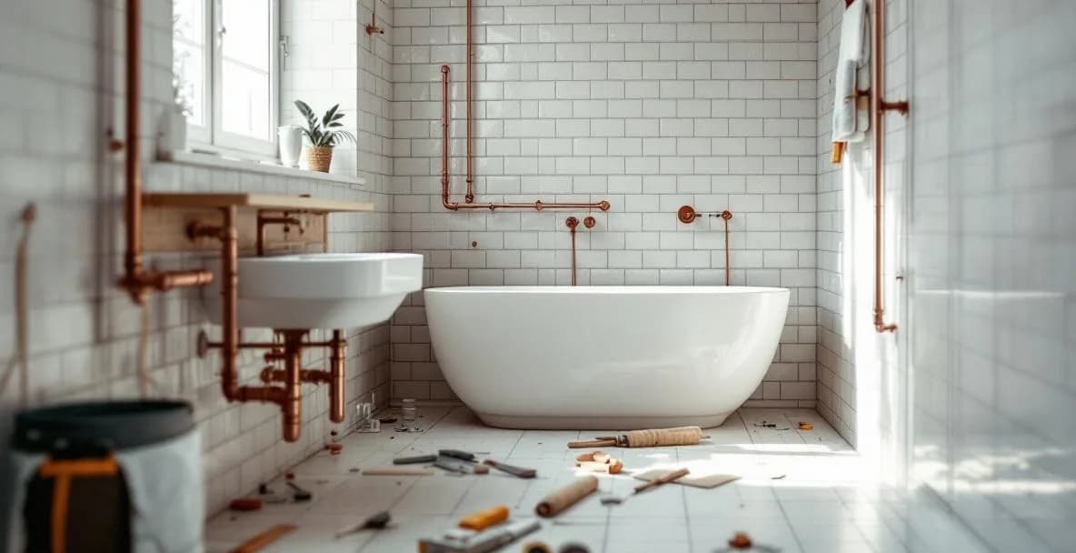 Rénovation de salle de bain en cours avec tuyaux et carrelage