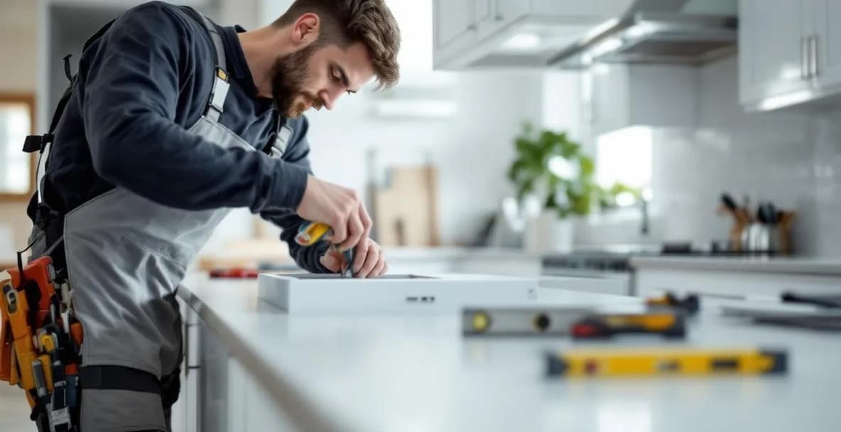 Artisan poseur de cuisine ajustant une porte de meuble
