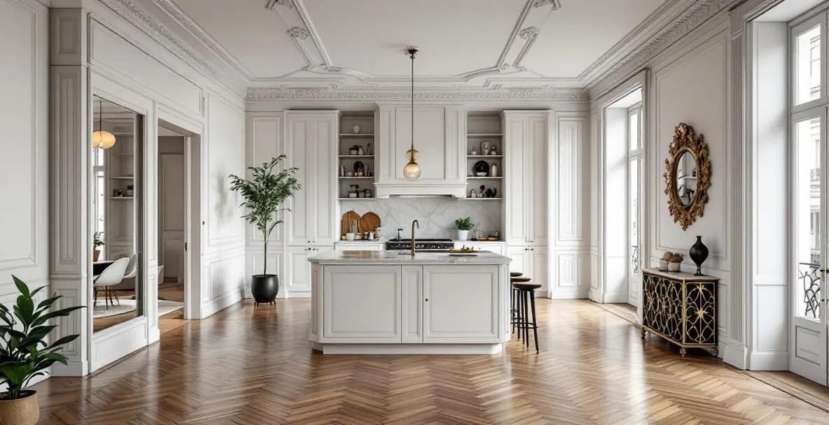 Cuisine ouverte dans un appartement haussmannien rénové